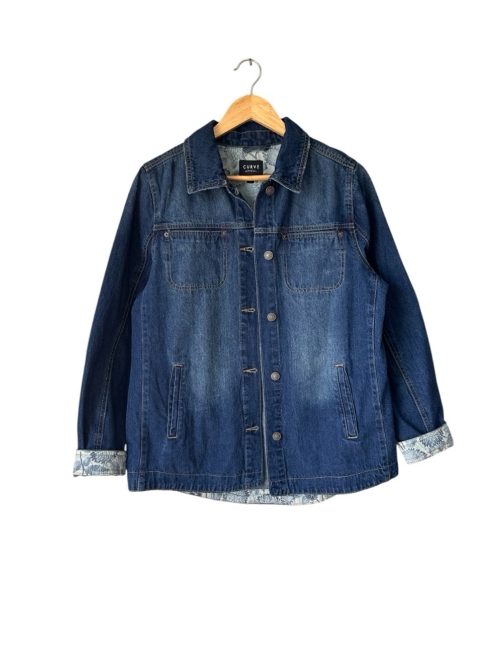 CURVE Button-Front Denim Jacket in Deep Blue Wash, Medium